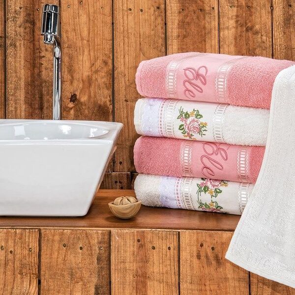 Jogo De Banho Bordado Ponto Russo 05 Peças - Rosê/palha