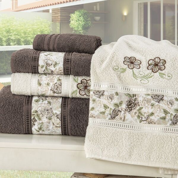 Jogo De Banho Floral 05 Peças 100% Algodão - Marrom-palha