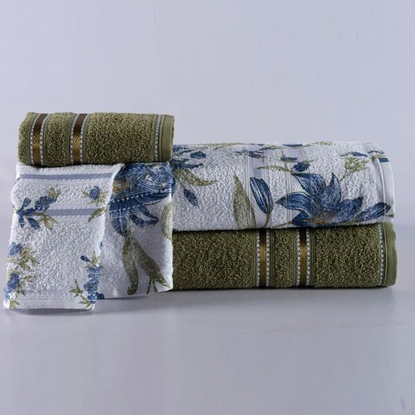 Jogo De Banho Noblesse Verde/floral Azul Felpa 100% Algodão 3