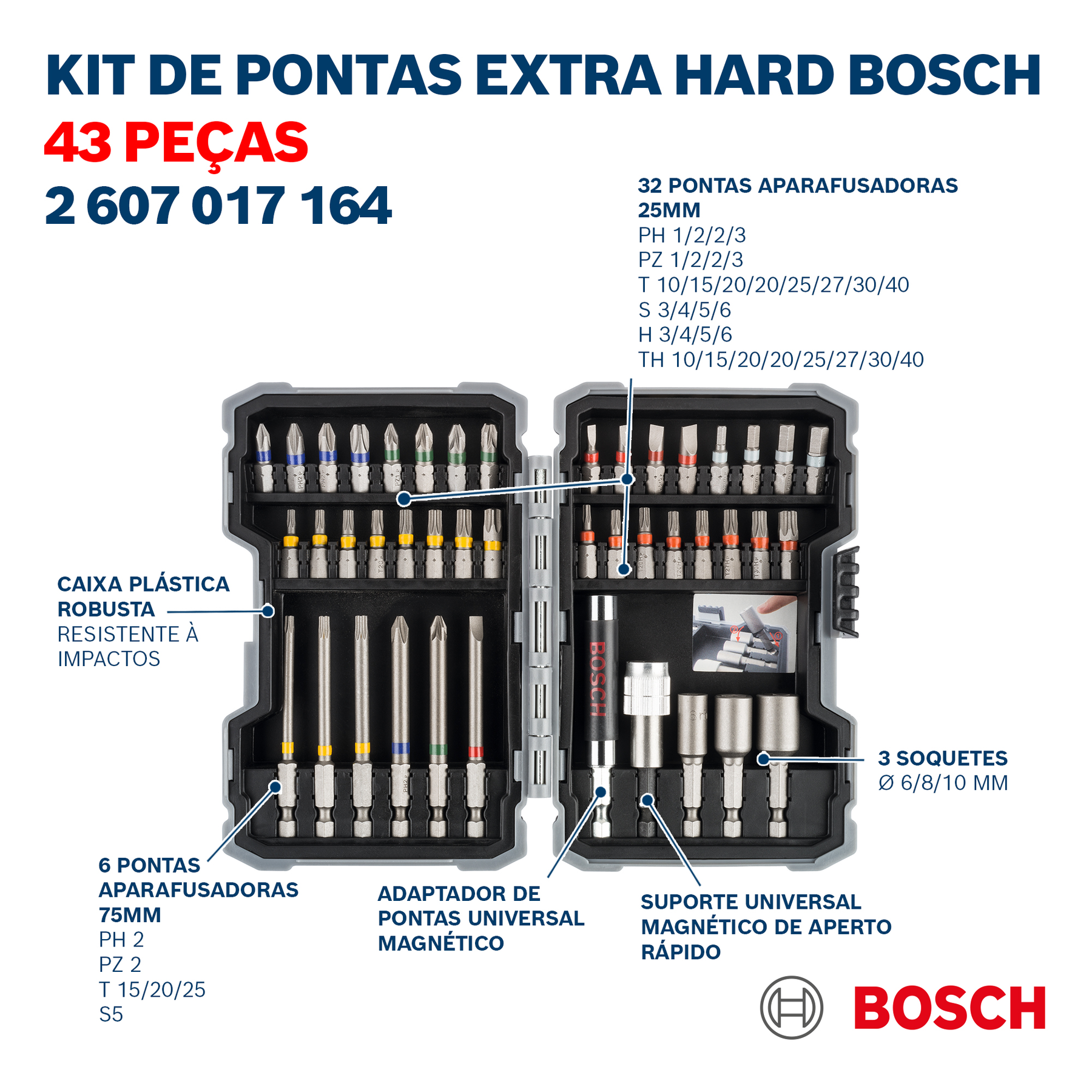 Kit de Bits e Soquetes 43 peças Extra Hard Bosch | Black Friday
