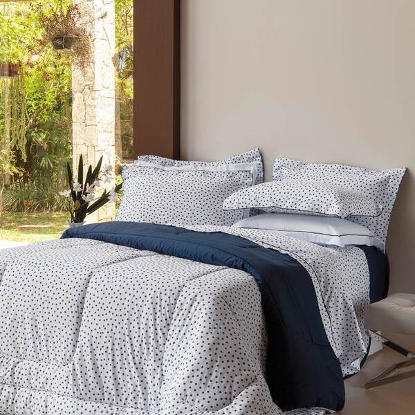 Jogo De Cama 4pc Casal Vida Bela Vintage Poá Marinho Kacyumara