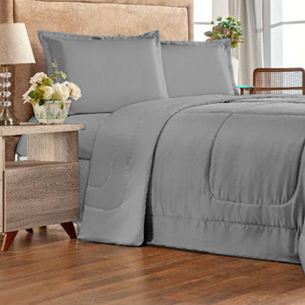 Jogo De Cama 6 Pçs Edredom Casal Queen Dupla Face Casen Cinza