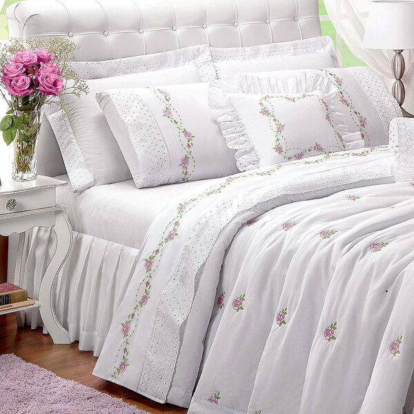 Jogo De Cama Bouquet Casal Padrão Branco 4 Peças 2,40m X 2,20m