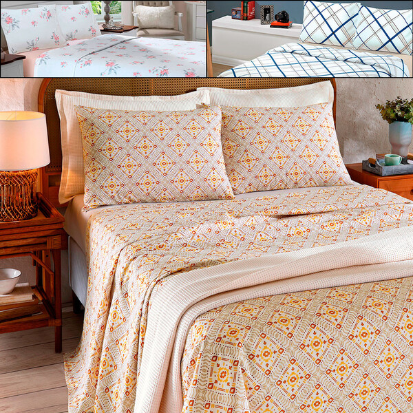 Jogo De Cama Casal 4 Peças Lençol Com Elástico 100 Algodão Pe
