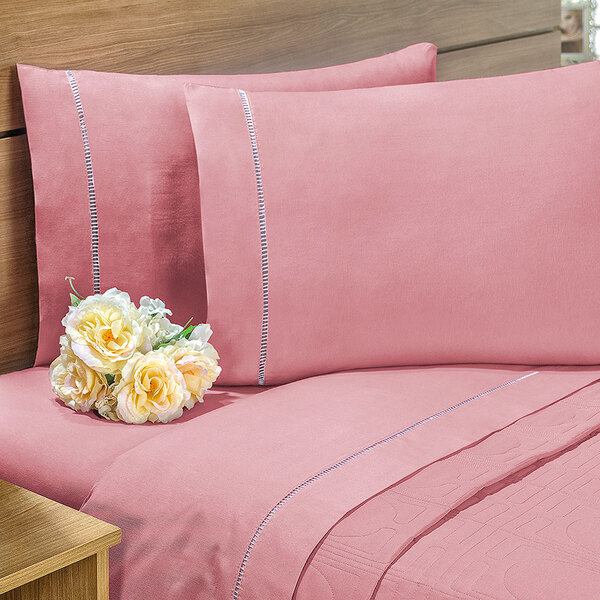 Jogo De Cama Casal Queen 4 Peças Rosê Ponto Palito Percal 140