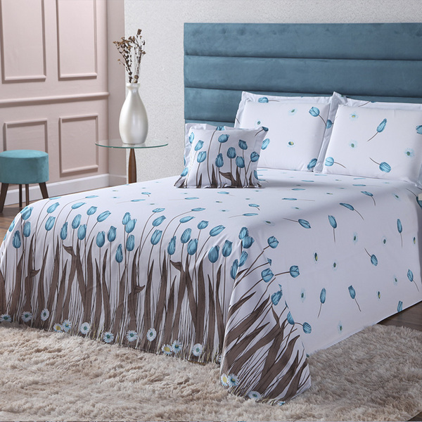 Jogo De Cama Floral 5 Pçs Queen 180 Fios 100% Algodão Branco