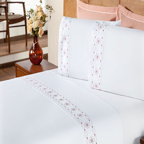 Jogo De Cama King 200 Fios Damasco Branco E Salmão Enxovais A
