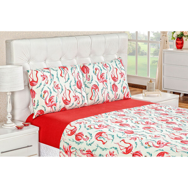 Jogo de Cama King Flamingo Vermelho Com Lenço de Cima 4 Peças
