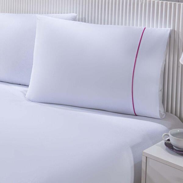 Jogo De Cama Lençol 150 Fios Queen 3 Peças Branco E Rosa