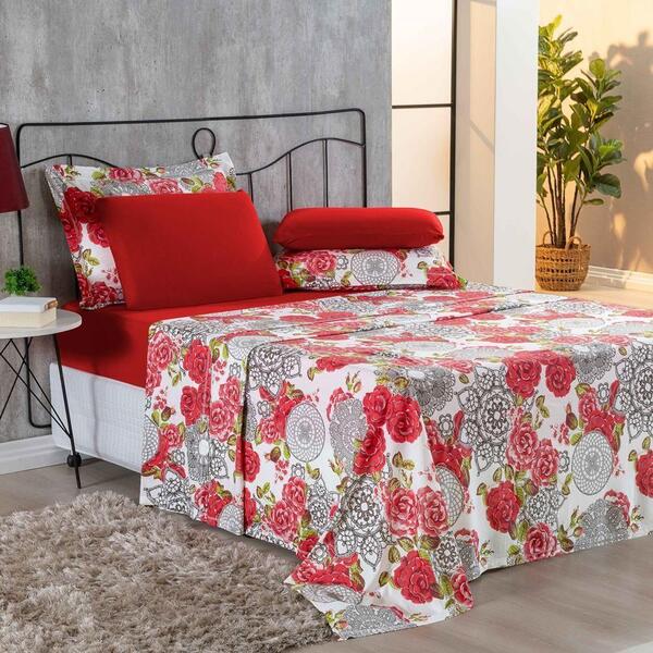 Jogo De Cama Lençol 4 Peças Casal Floral Vermelho