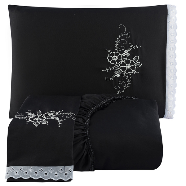 Jogo De Cama Lençol Casal Bordado Advance 3 Peças - Preto - 1