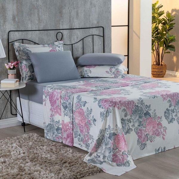 Jogo De Cama Malha Lençol 3 Peças Solteiro Floral Cinza