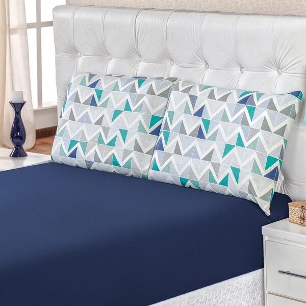 Jogo De Cama Malha Queen Quality 03 Peças - Geométrico Azul