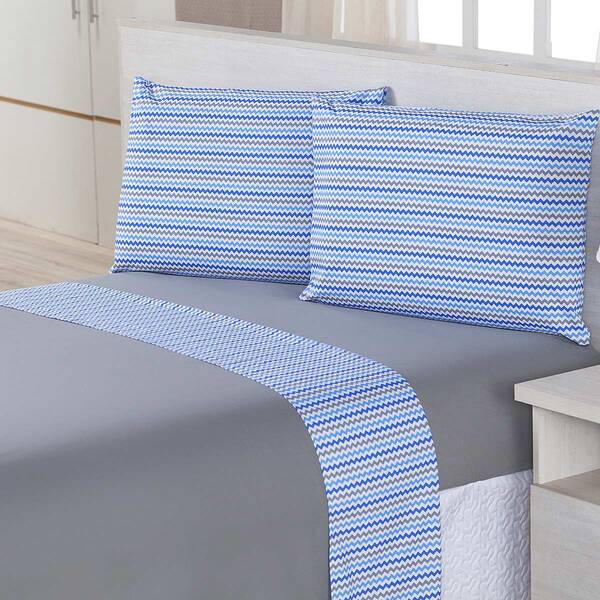 Jogo De Cama Moscou Cinza Chevron Casal 04 Peças