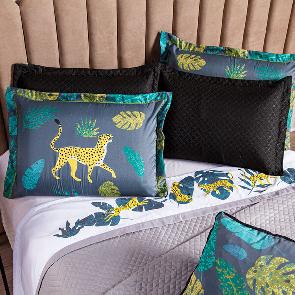 Jogo De Cama Onça Branco/verde Queen 04 Peças - Percal 200 Fi