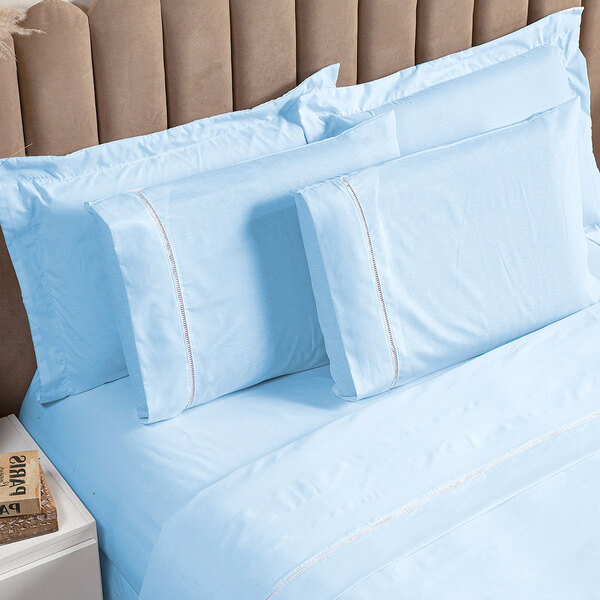 Jogo De Cama Ponto Palito Azul Solteiro 2 Peças Liso 160 Fios