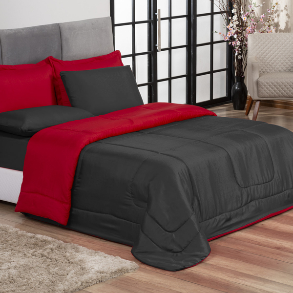 Jogo De Cama Primor Queen Kit 6 Pçs Preto E Vermelho Casa Dona