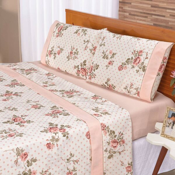 Jogo De Cama Requinte Floral Salmão Queen Percal 180 Fios 04