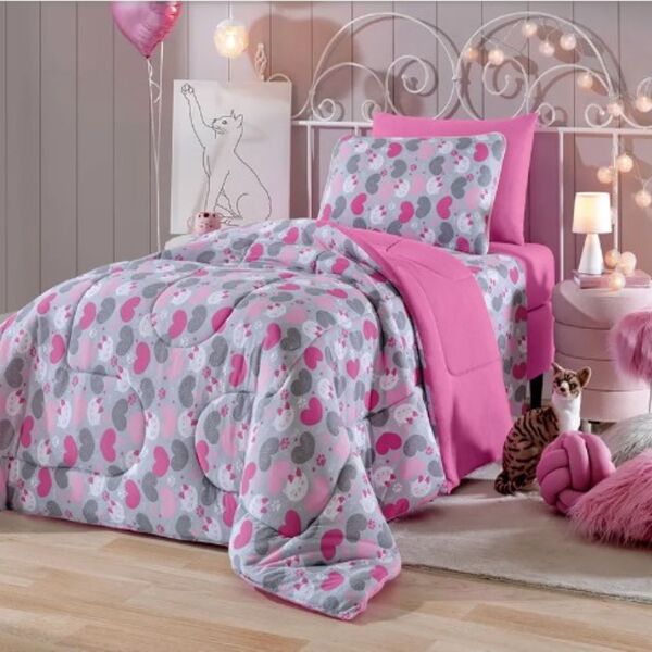 Jogo De Cama Solteiro Estampado Vv Kids Kitty Girl 3 Peças