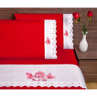 Jogo de Cama Solteiro Vermelho Barrado Floral Piquet Bordado