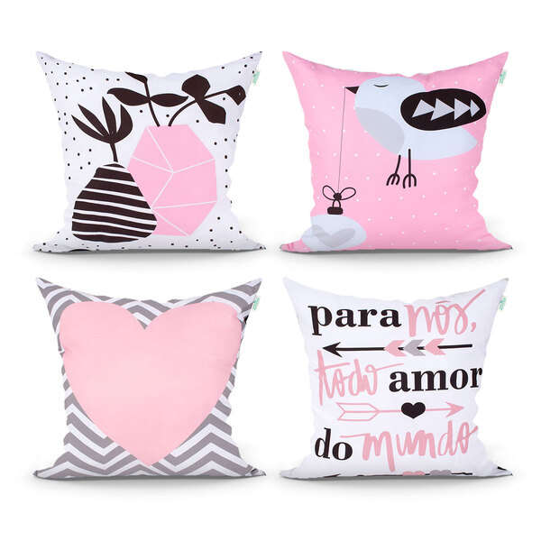 Jogo De Capa De Almofada Rosa Estampada Decorativa 4 Unidades