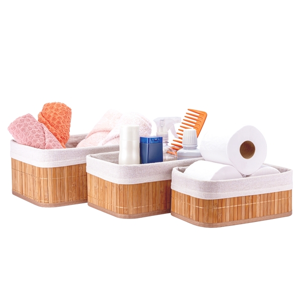 Jogo De Cestos Organizadores Bambu Artiko Pott Forrado 3 Peça