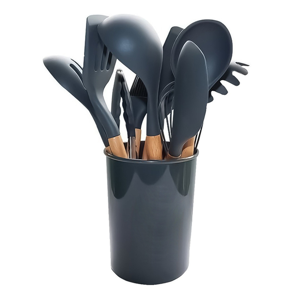 Jogo De Cozinha 12 Peças Silicone Madeira Colher Concha Espat