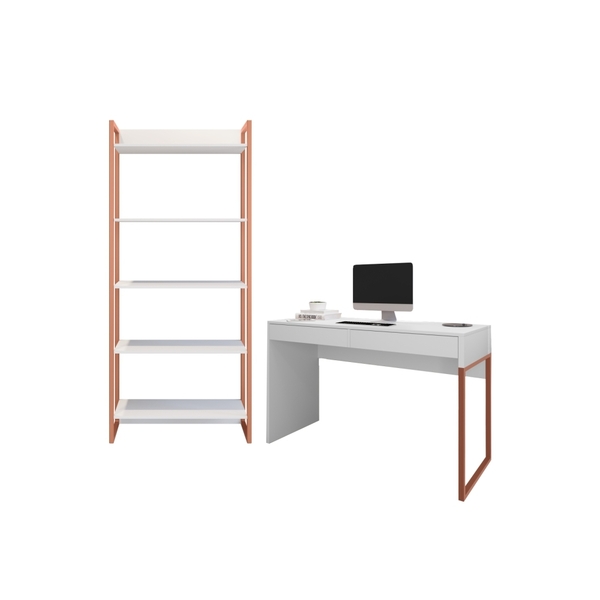 Jogo De Escritorio Mesa E Estante Fity Branco Cobre