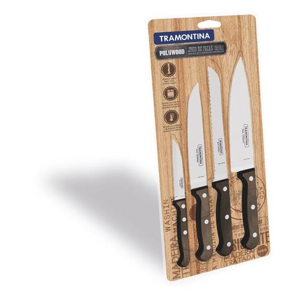 Jogo De Facas 4 Pcs Polywood Castanho Sortidos Com Laminas De