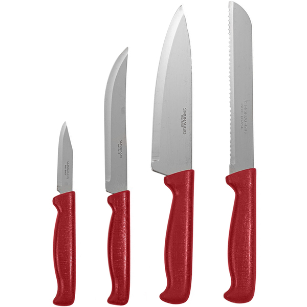Jogo De Facas 4 Peças Em Aço Inox Com Cabos Vermelhos Conjunt