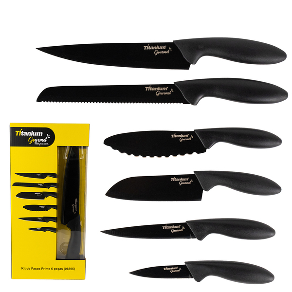 Jogo De Facas Prime Cozinha Antiaderente Inox 6 Peças Preto