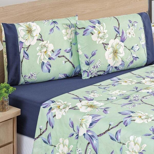 Jogo De Lençol Casal Flores 200 Fios 4 Peças - Azul