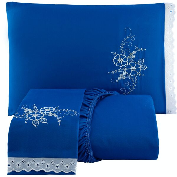 Jogo De Lençol Casal Padrão Bordado 3 Peças - Azul