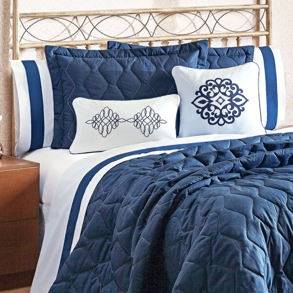 Jogo De Lençol Clássico 4 Peças Queen Size Branco / Azul Mari