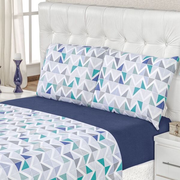 Jogo De Lençol King Em Malha 4 Peças - Geométrico Azul - 100%