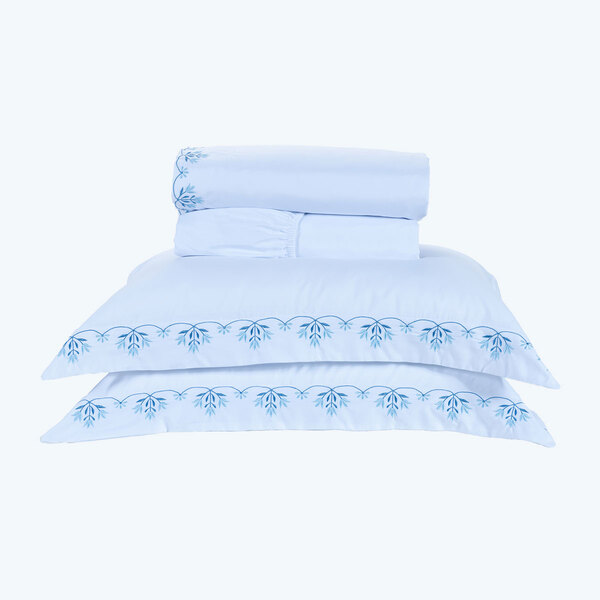 Jogo De Lençol King Size Bordado Branco / Azul 100% Algodão 2