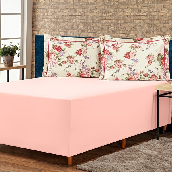 Jogo De Lençol P/ Cama Box Complet Floral Rosê King 03 Peças