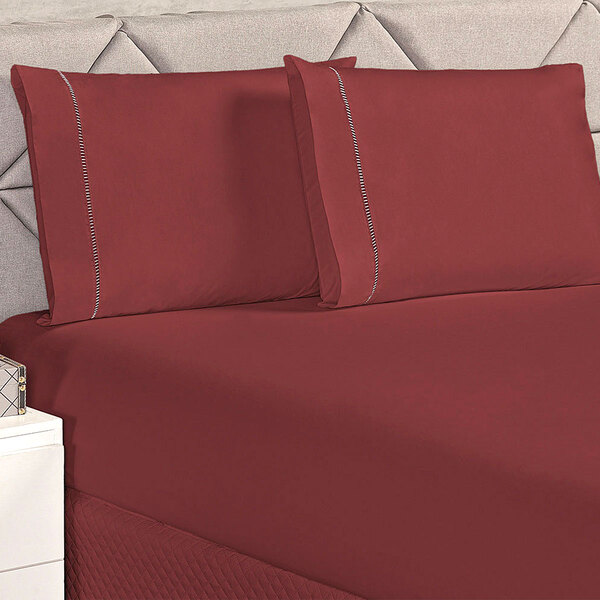 Jogo De Lençol Ponto Palito Solteiro Vermelho Marsala 2 Peças