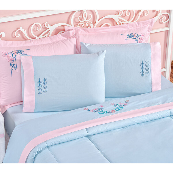 Jogo De Lençol Queen Azul Bordado + Jogo De Banho 100% Algodã