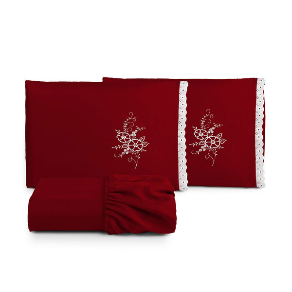 Jogo De Lençol Queen Vermelho Bordado Microfibra 3 Peças