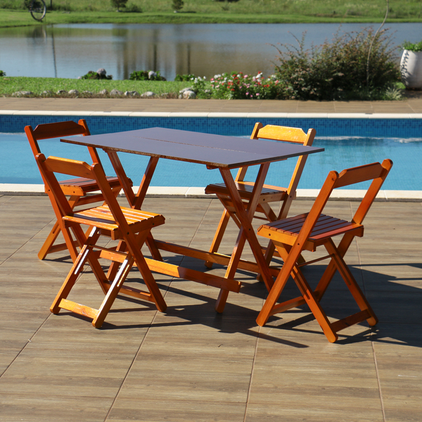 Jogo De Mesa 120x70 Com 4 Cadeiras Dobráveis De Madeira - Mel