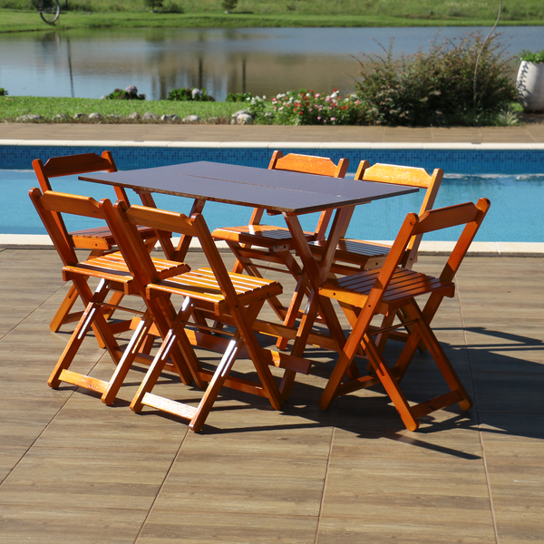 Jogo De Mesa 120x70 Com 6 Cadeiras Dobráveis De Madeira Mel -