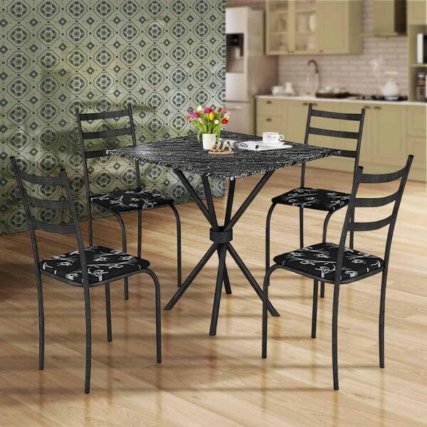 Jogo De Mesa 4 Cadeiras 75cm Base De Aço Tampo Martelado Pret