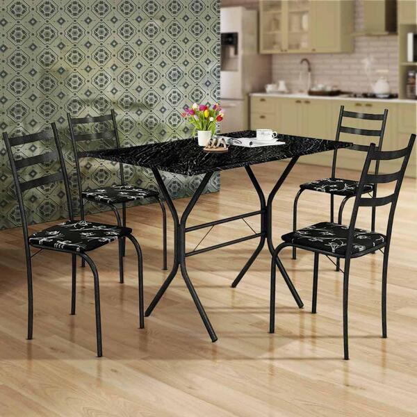 Jogo De Mesa 4 Cadeiras 98cm Base De Aço Tampo Martelado Pret