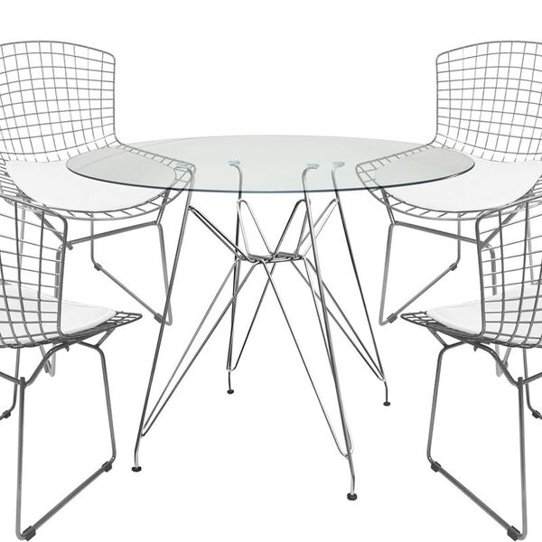 Jogo De Mesa De Jantar Eames Cromada Tampo Vidro 100cm E 4 Ca