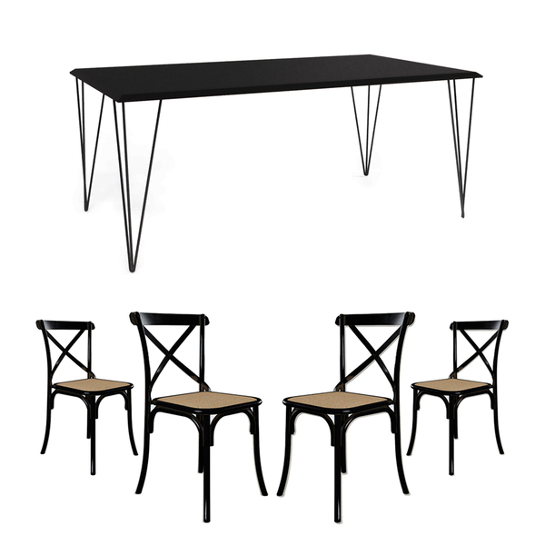 Jogo De Mesa Elen Retangular Tampo De Madeira 140x80cm Preto