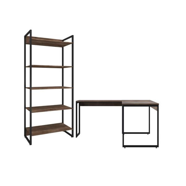 Jogo De Mesa Em L E Estante Bill Castanho Preto