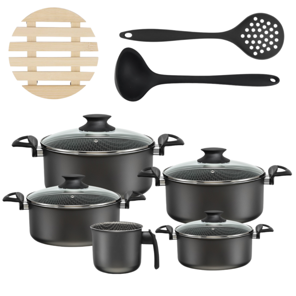 Jogo De Panelas 05 Peças Antiaderentes C/ Tampas De Vidro + 0