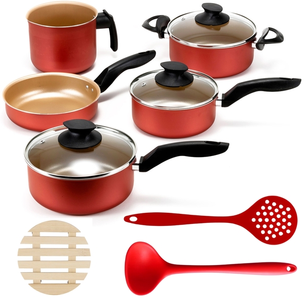 Jogo De Panelas 05 Peças Antiaderentes C/ Tampas De Vidro + 0