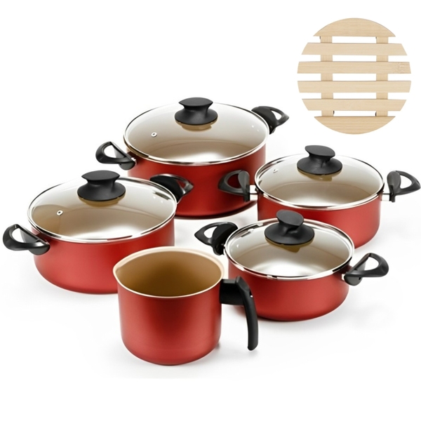 Jogo De Panelas 05 Peças Antiaderentes C/ Tampas De Vidro + 0